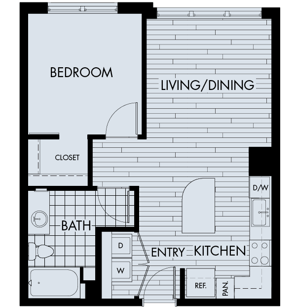 Floor plan 1B. A one bedroom, one bath floor plan at The York on City Park Apartments in City Park West.